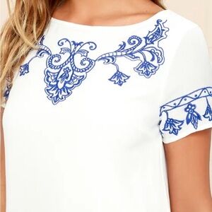 Lulu's Elegant White Top with Blue Embroidery